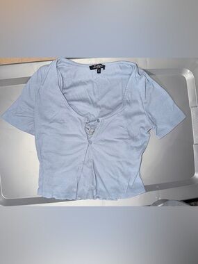 Light Blue Ribbed Scoop-Neck Button Front Tee